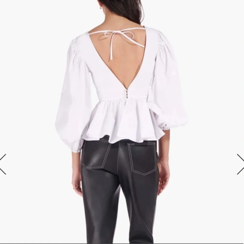 STAUD White V-Neck Peplum Puff Sleeve Blouse